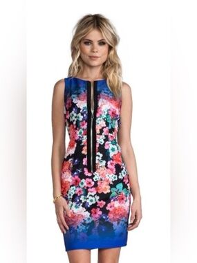 Nanette Lepore Floral Zip-Front Mini Dress in Blue, Pink, and Black